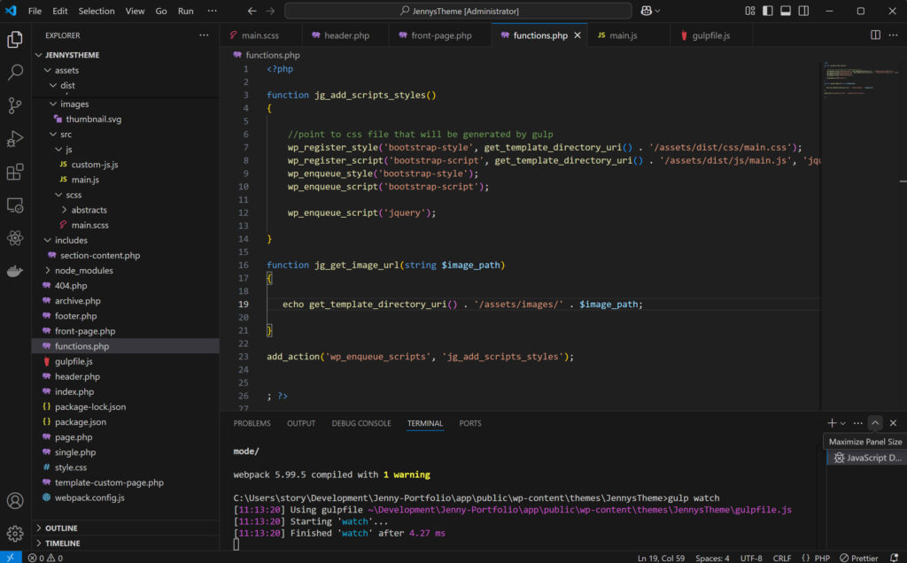 PHP code of project within VS Code interface